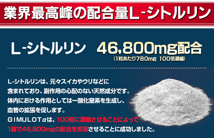 ギムロットαにはL-シトルリンが46,800mg（1粒あたり780mg）も配合されていて、業界最高峰の配合量を実現しています。L-シトルリンはスイカやウリなどに含まれていて、副作用の心配がない天然成分です。体内における作用としては、一酸化窒素を生成して、血管の拡張を促します。