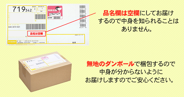 ギムロットαの配送伝票の品名欄には商品名を記載せずに届けてくれるので中身を知られる心配はありません。無地のダンボールで梱包するので、中身が分からないように届けられるので安心です。